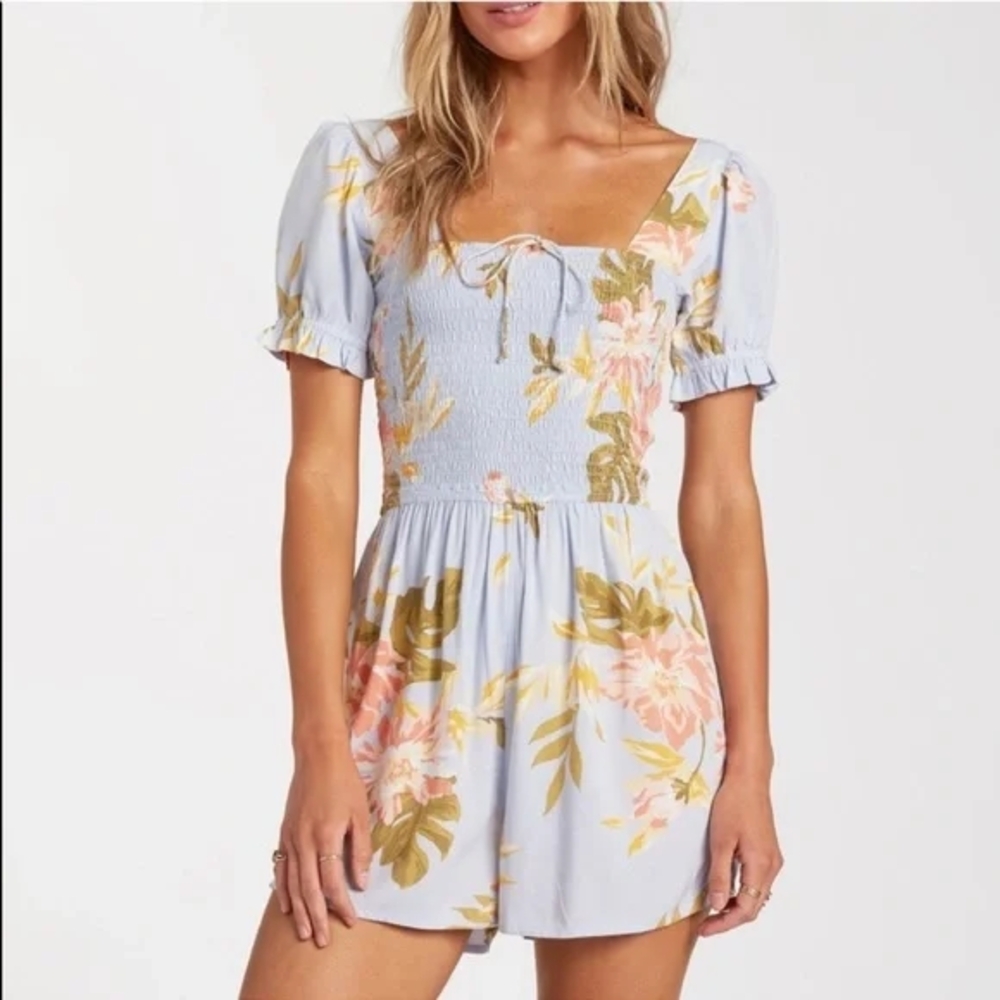 Billabong Light Blue Floral Romper with Pink & Olive Accents
